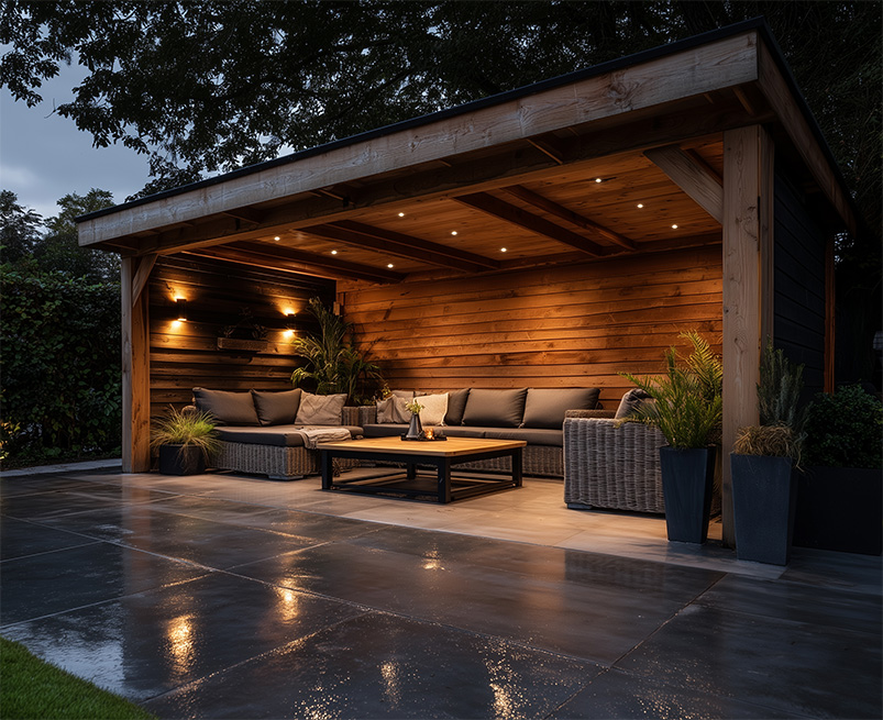 Sfeervolle loungeverlichting met warm licht van 2200K onder een houten overkapping