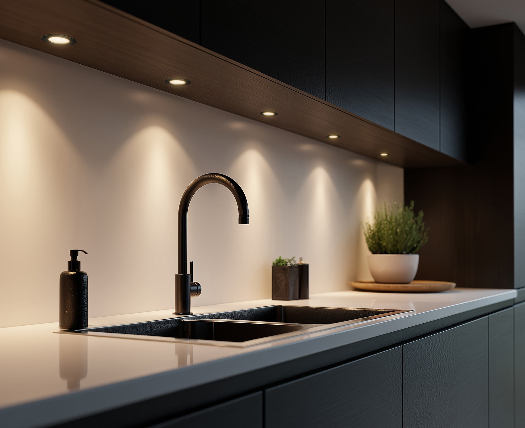 Sfeerverlichting met warm licht van 2700K in moderne keuken met inbouwspots