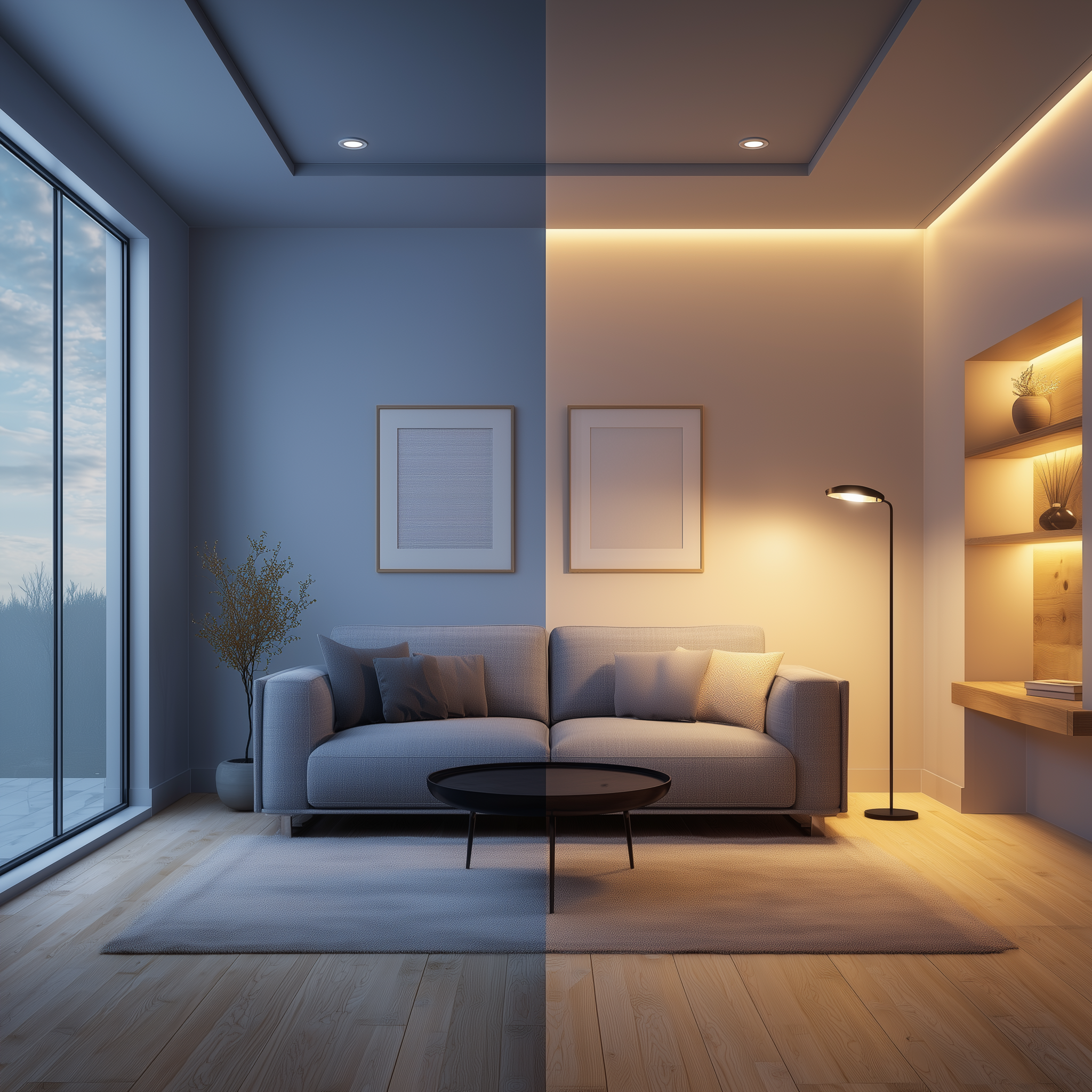 Woonkamer met verschil tussen warm wit en koel wit LED-licht, illustratie van een lichtplan op maat